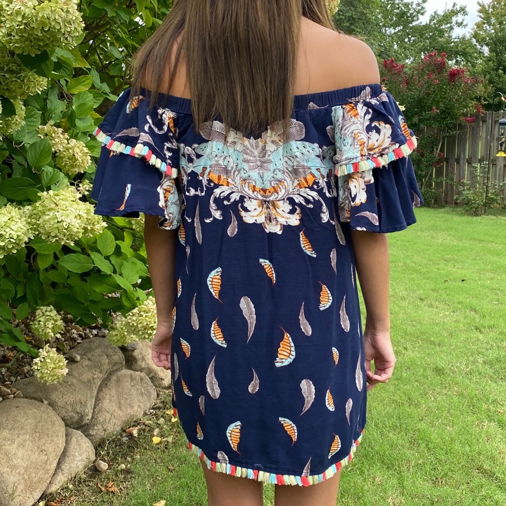 Umgee Boho Feather Print Fringe Trim Tunic2021 - image 2